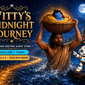 以下が含まれることがあります： 「Vitty's Midnight Journey」というタイトルのデジタルイラストで、クリシュナの就寝用オーディオストーリーです。水の中を歩き、青い赤ちゃんが入った籠を運ぶ男性、小さな白いロボット、そして英語＋タミル語と対象年齢4〜8歳を示すテキストが描かれています。