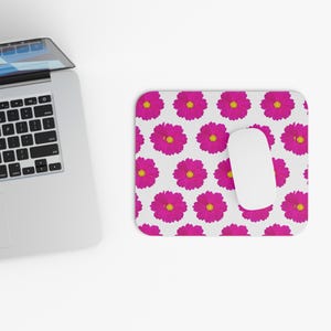 Pink Cosmos Pattern Mouse Pad | Floral Desk Mousepad, Bright Magenta Flowers