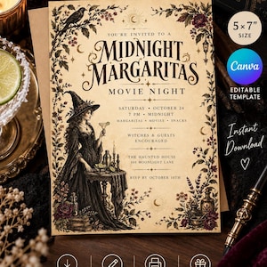 May include: A 5x7 inch invitation template featuring the text Midnight Margaritas Movie Night. The design includes a witch in a black dress holding a glass, surrounded by botanical illustrations, moons, and stars on a parchment-colored background.