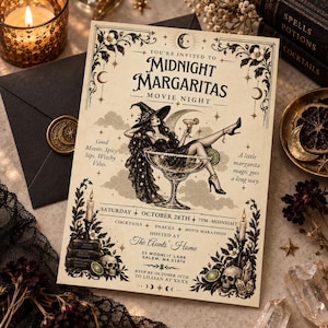 May include: A cream-colored invitation card featuring black ink illustrations of a witch in a large glass, skulls, candles, and floral borders. Text reads: You're invited to Midnight Margaritas Movie Night, Saturday October 28th, 7pm-Midnight.