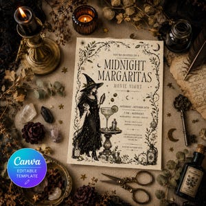 May include: A rectangular invitation card titled Midnight Margaritas Movie Night featuring a black and white illustration of a witch in a pointed hat holding a cocktail glass, surrounded by botanical vines, stars, and event details in black text.
