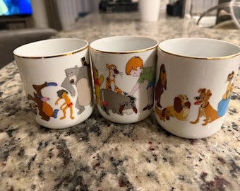 Vintage Walt Disney Productions Japan Porcelain Mugs Set of 3 Gold Trim Cups