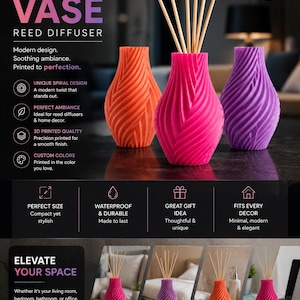 May include: Three 3D-printed spiral vases used as reed diffusers in orange, bright pink, and purple. Each vase features a textured, swirling geometric pattern and holds a set of light-coloured wooden reeds. The text FAL 3D PRINTS SPIRAL VASE REED DIFFUSER is visible.