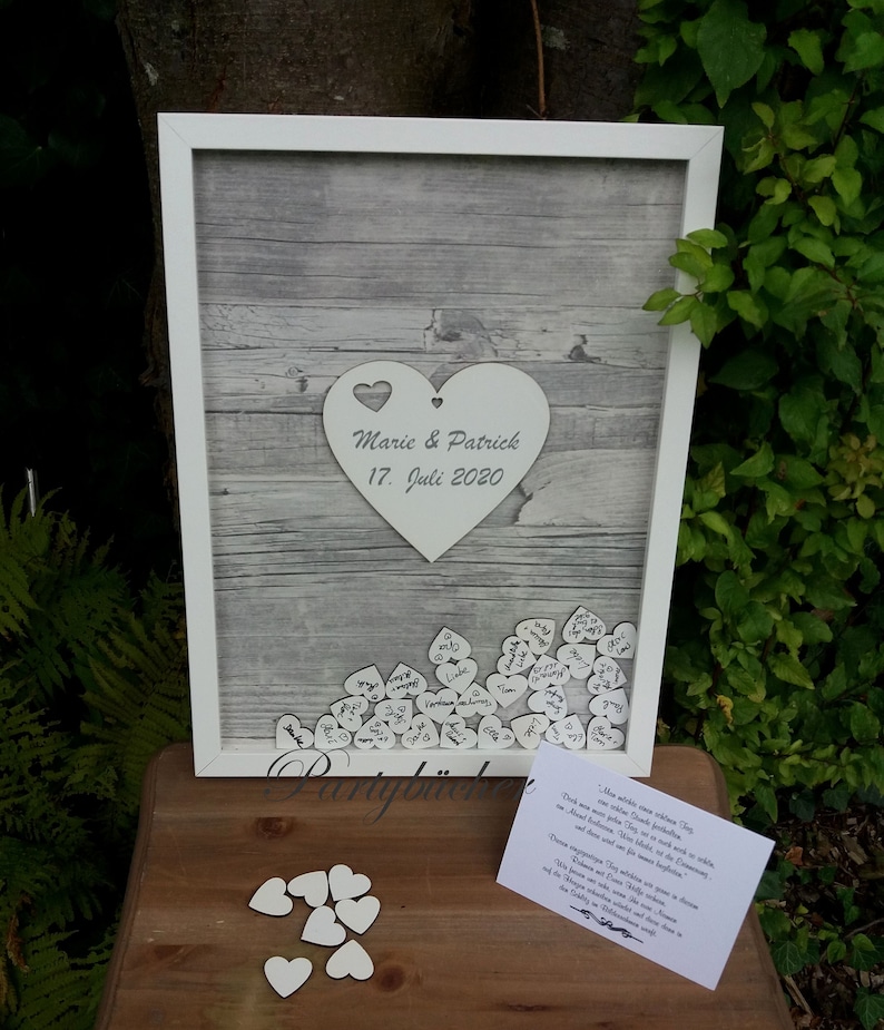 Guest book wooden hearts, guest book with insert of white wooden heart, guest book picture frame, XL wedding guest book guest book picture frame wood image 1