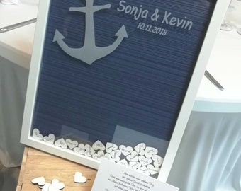 Guest book frame "Anchor Love" with engraving on the glass pane with drop in/insertion, guest book maritime, maritime wedding decoration, blue,