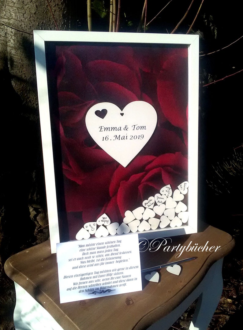 Guestbook wood hearts, XL wedding guestbook picture frame personalized, red, roses, guestbook wood, guestbook with throw in, image 1