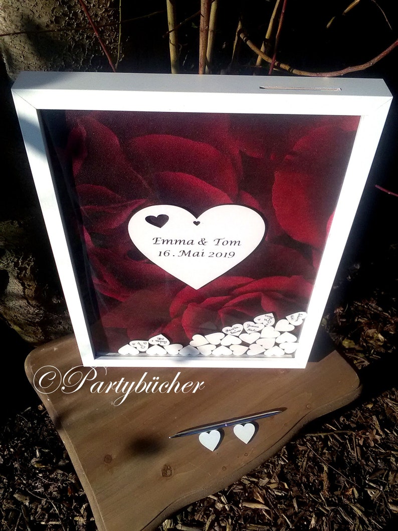 Guestbook wood hearts, XL wedding guestbook picture frame personalized, red, roses, guestbook wood, guestbook with throw in, image 2