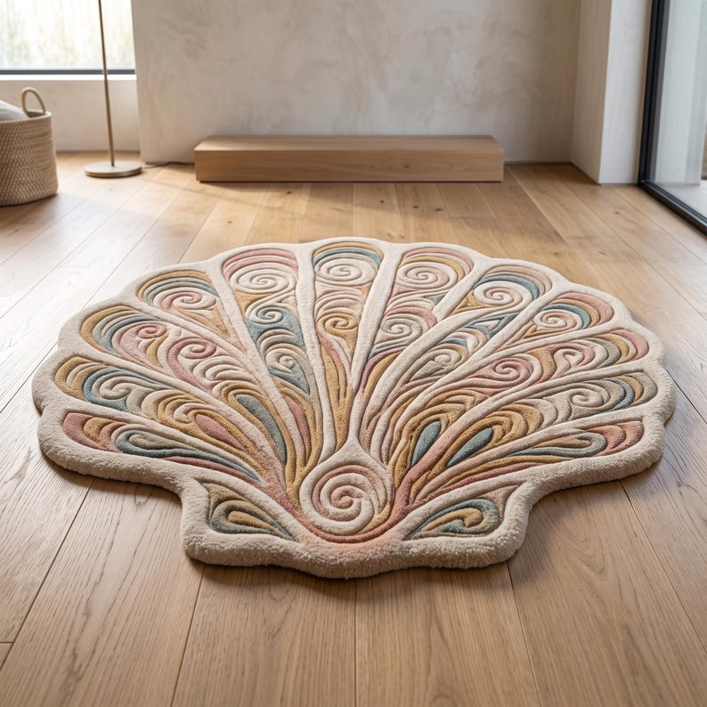 May include: A round, shell-shaped rug featuring a raised, tufted texture. The design consists of radiating, swirling patterns in muted shades of cream, dusty pink, soft blue, and golden yellow, creating a detailed, fan-like appearance.
