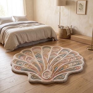 May include: A large, shell-shaped area rug featuring a textured, raised pattern of swirling lines. The rug is colored in a soft palette of cream, muted pink, dusty blue, and tan, with a scalloped edge that mimics the form of a seashell.