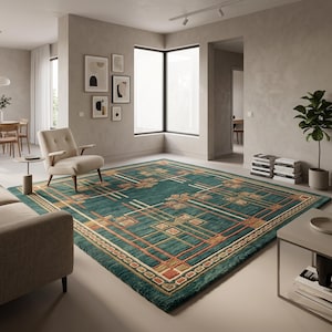 May include: A large rectangular area rug featuring a deep teal background with a geometric pattern in shades of orange, tan, and cream. The design consists of intersecting lines and square motifs arranged in a symmetrical grid across the surface.