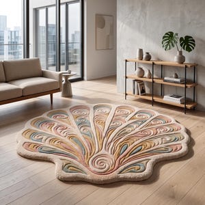May include: A large, circular area rug shaped like a seashell, featuring a textured, raised pattern of swirling lines in soft shades of cream, dusty pink, muted yellow, and sage green, laid flat on a light-colored wooden floor.