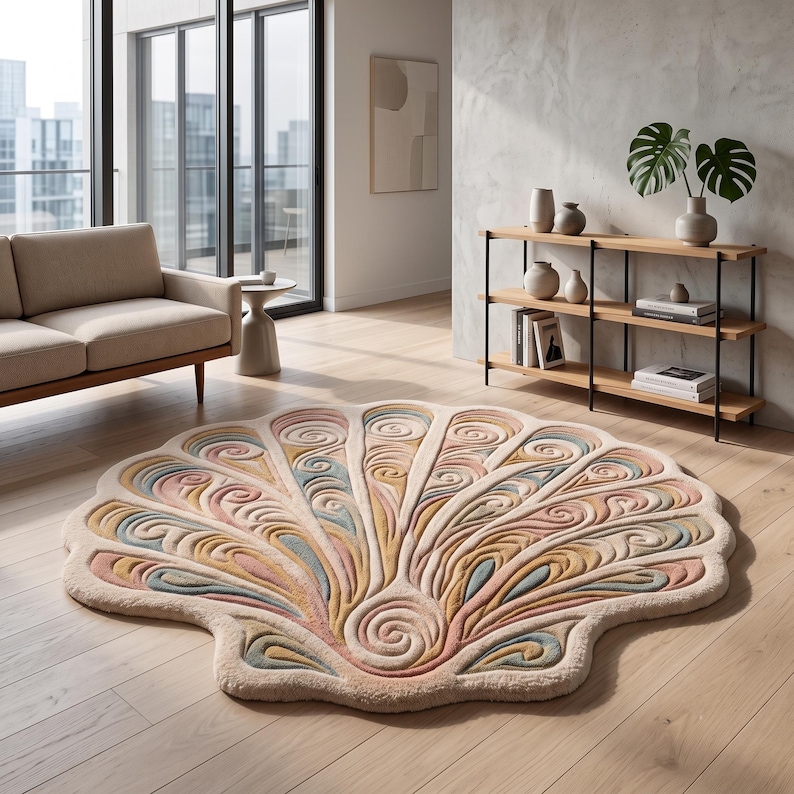 May include: A large, circular area rug shaped like a seashell, featuring a textured, raised pattern of swirling lines in soft shades of cream, dusty pink, muted yellow, and sage green, laid flat on a light-colored wooden floor.