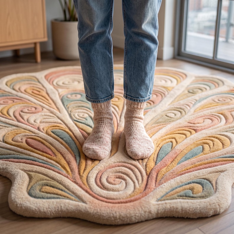 May include: A large, round, tufted area rug featuring a shell-inspired design with raised, swirling patterns in muted shades of cream, dusty pink, soft yellow, and sage green. The rug has a thick, textured pile and a scalloped edge.