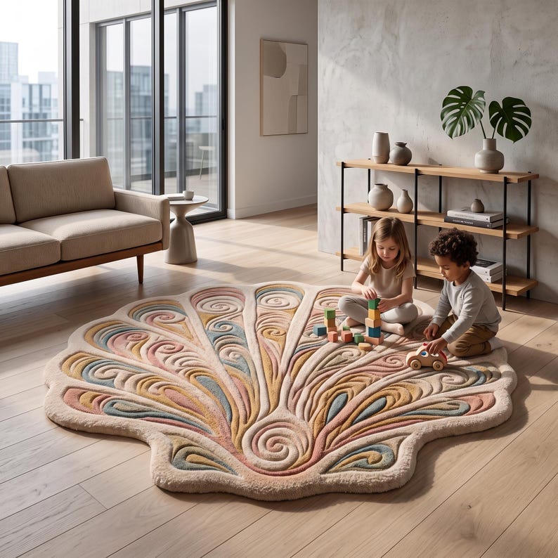 May include: A large, shell-shaped area rug featuring a textured, raised swirl pattern in muted shades of cream, dusty pink, soft blue, and mustard yellow, laid flat on a light-colored wooden floor in a bright, open living space.