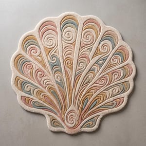 May include: A shell-shaped area rug featuring a raised, tufted texture with a repeating pattern of swirls and fan-like segments. The design incorporates a soft color palette of cream, muted pink, dusty blue, and golden yellow tones.