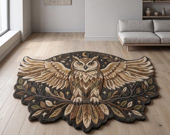May include: A shaped area rug featuring a detailed owl with outstretched wings perched on a branch. The design includes a crescent moon and star motifs in shades of brown, beige, cream, and dark gray, with leafy accents surrounding the owl.
