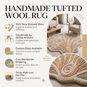 May include: A handmade tufted wool rug shaped like a seashell with a high-low cut pile texture. The rug features a swirling pattern in muted tones of cream, peach, sage green, and blue. Text on the image reads HANDMADE TUFTED WOOL RUG.