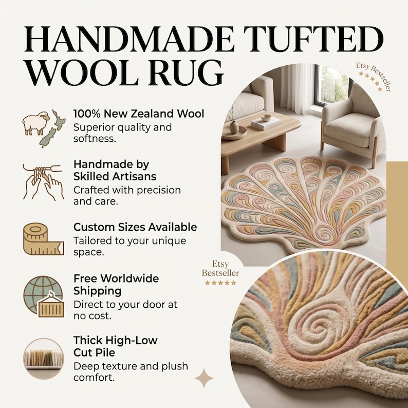 May include: A handmade tufted wool rug shaped like a seashell with a high-low cut pile texture. The rug features a swirling pattern in muted tones of cream, peach, sage green, and blue. Text on the image reads HANDMADE TUFTED WOOL RUG.