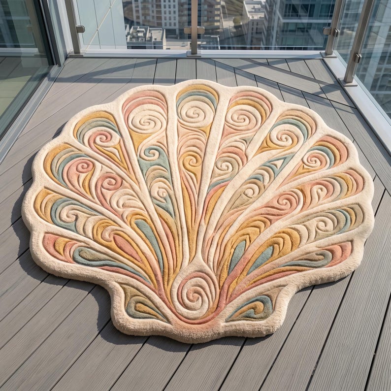 May include: A shell-shaped rug featuring a tufted texture with a repeating pattern of swirls. The design incorporates a color palette of cream, soft pink, muted yellow, and sage green, arranged in radiating segments across the surface.