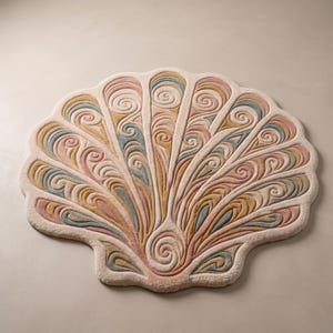 May include: A shell-shaped rug featuring a tufted texture with a raised, swirling pattern. The design incorporates a palette of cream, muted pink, dusty blue, and mustard yellow, arranged in radiating segments that mimic a seashell structure.