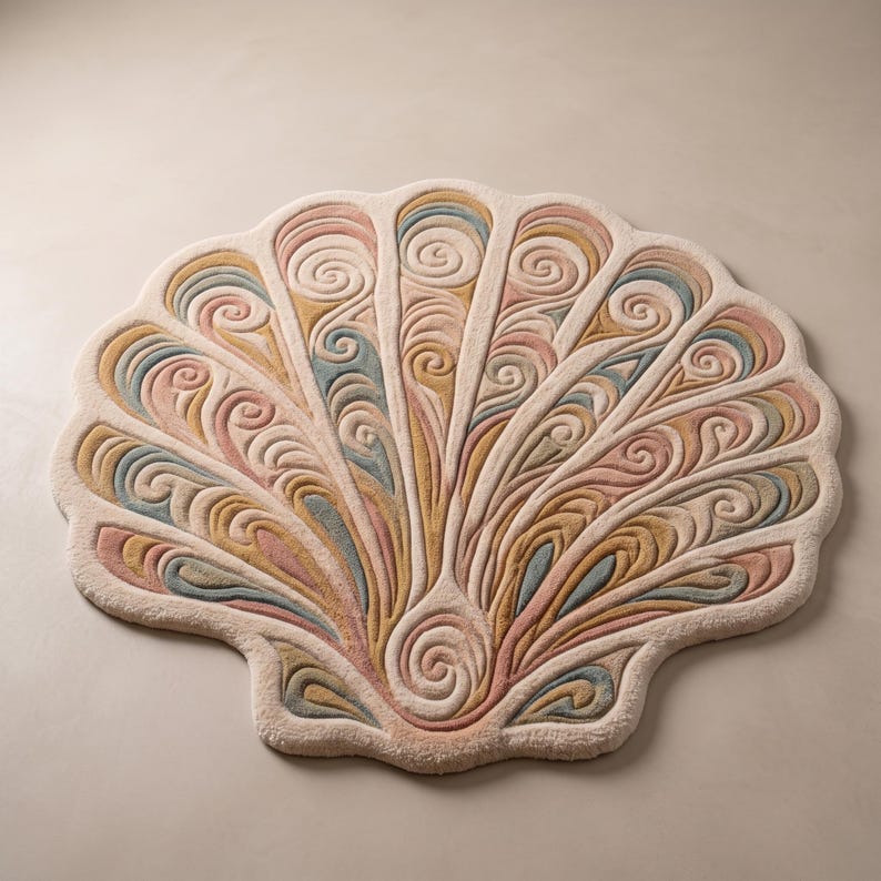 May include: A shell-shaped rug featuring a tufted texture with a raised, swirling pattern. The design incorporates a palette of cream, muted pink, dusty blue, and mustard yellow, arranged in radiating segments that mimic a seashell structure.