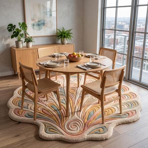 May include: A round light wood dining table with four matching chairs featuring cane backrests, set upon a large, circular, plush area rug with a textured, scalloped edge and a swirling, multi-colored pattern in shades of peach, gold, and blue.