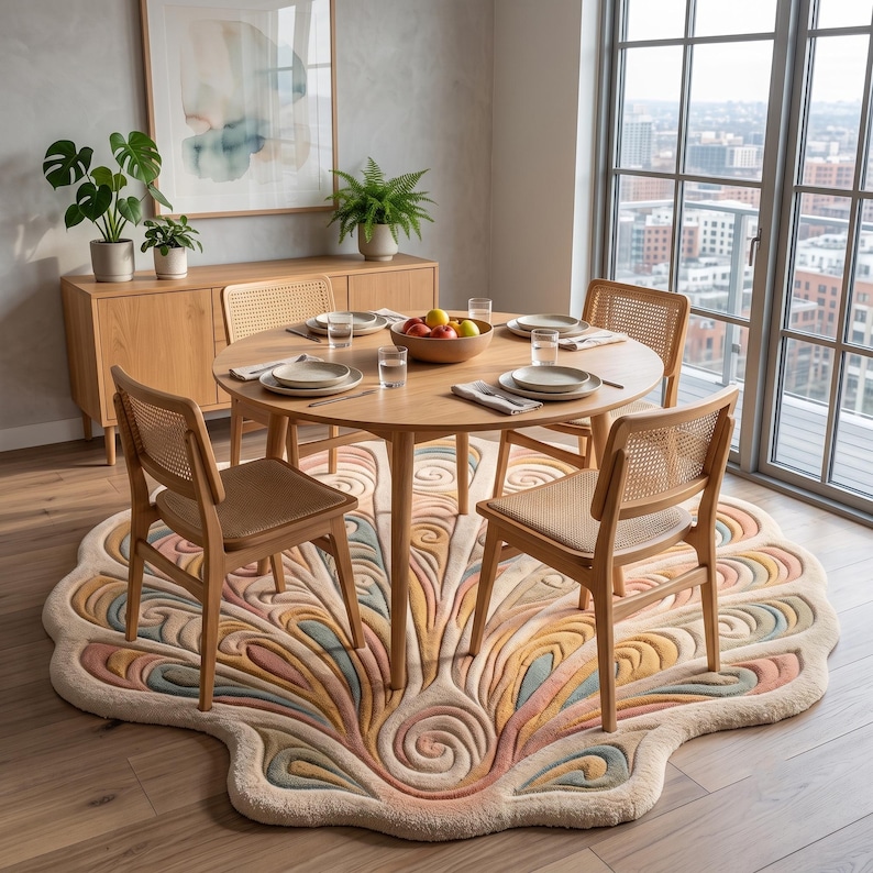May include: A round light wood dining table with four matching chairs featuring cane backrests, set upon a large, circular, plush area rug with a textured, scalloped edge and a swirling, multi-colored pattern in shades of peach, gold, and blue.
