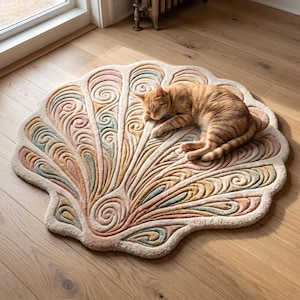 Pode incluir: Um tapete em forma de concha com um padrão de espirais em relevo e texturizado em tons suaves de creme, rosa seco, verde sálvia e amarelo dourado. Um gato malhado laranja está enrolado e a dormir sobre a superfície do tapete de pelo macio.