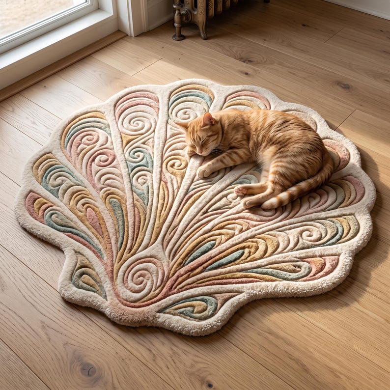 May include: A large, shell-shaped area rug featuring a raised, tufted texture with swirling patterns in muted shades of pink, blue, yellow, and cream. An orange tabby cat is curled up asleep on the surface of the rug.