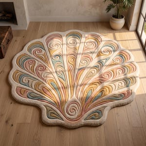 May include: A large, shell-shaped area rug featuring a raised, tufted texture. The design consists of radiating, swirling patterns in soft shades of cream, dusty pink, muted yellow, and pale blue, creating a fan-like, organic silhouette.