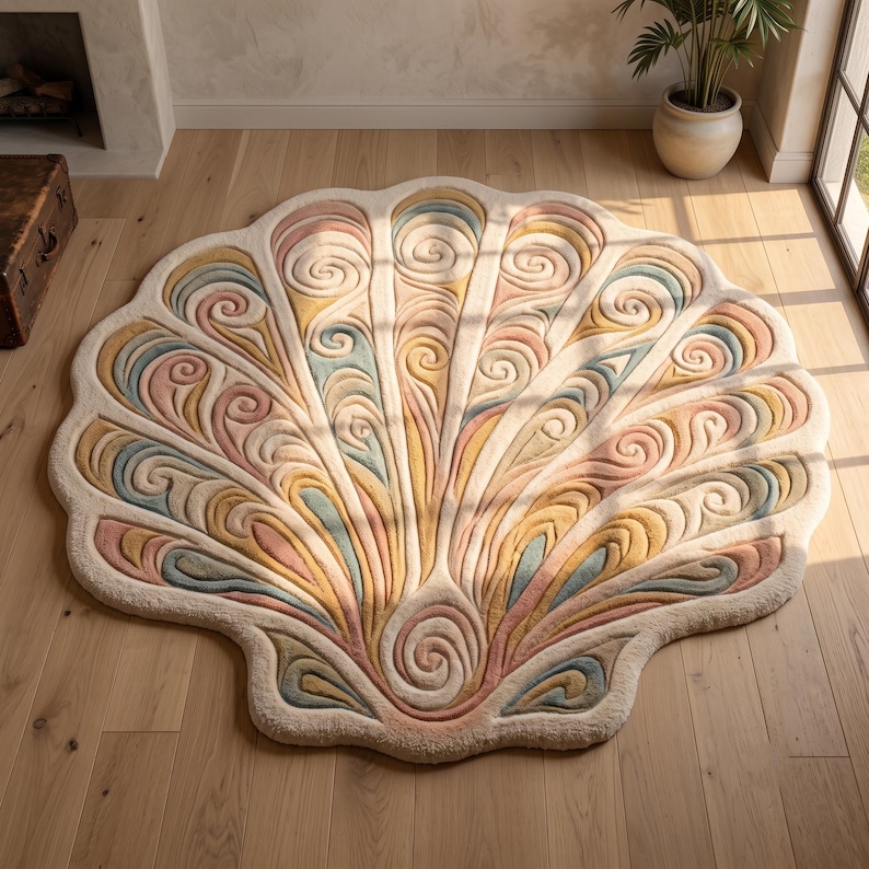 May include: A large, shell-shaped area rug featuring a raised, tufted texture. The design consists of radiating, swirling patterns in soft shades of cream, dusty pink, muted yellow, and pale blue, creating a fan-like, organic silhouette.