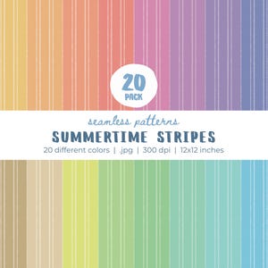 Può includere: Una collezione digitale di 20 motivi senza cuciture intitolata Summertime Stripes. L'immagine mostra strisce verticali in 20 colori diversi, tra cui giallo, arancione, rosa, viola, marrone, verde e blu. Il testo recita 20 PACK, seamless patterns, SUMMERTIME STRIPES, 20 different colors | .jpg | 300 dpi | 30,48x30,48 cm.