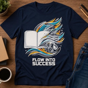 May include: A navy blue short-sleeve t-shirt featuring a graphic print of an open book, stacked books, and headphones surrounded by abstract teal, orange, and white swirling lines. The text "FLOW INTO SUCCESS" is printed in white below the graphic.
