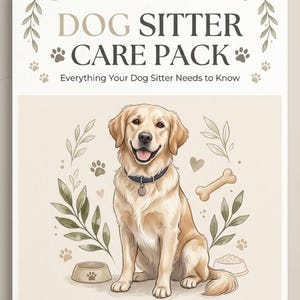 Może przedstawiać: Organizer do opieki nad zwierzętami do druku zatytułowany DOG SITTER CARE PACK Everything Your Dog Sitter Needs to Know. Dokument zawiera ilustrację golden retrievera, odciski łap, liście, kość oraz miski na karmę w neutralnych barwach.