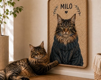 Funny Custom Cat Portrait Scratcher, Personalized Sisal Cat Mat from Photo