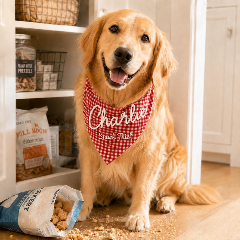 May include: A golden retriever wearing a red and white gingham dog bandana with the name Charlie and the text Snack Thief embroidered in white script. The dog sits near a bag of dog treats on the floor with crumbs scattered around the area.