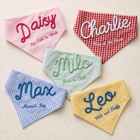 Funny Personalized Dog Bandana, Gingham Pet Scarf with Raised Rope Name & Custom Saying