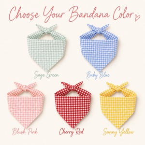 May include: Five triangular bandanas with a gingham check pattern in sage green, baby blue, blush pink, cherry red, and sunny yellow. The text "Choose Your Bandana Color" appears at the top, with color names labeled below each respective item.