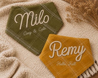 Personalized Funny Fall Dog Bandana, Reversible Plaid Scarf with Rope Name & Embroidered Phrase