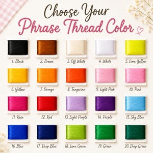 May include: A color chart titled Choose Your Phrase Thread Color displaying twenty numbered embroidery thread spools in various shades including black, brown, white, yellow, orange, pink, red, purple, blue, and green with labels for each.