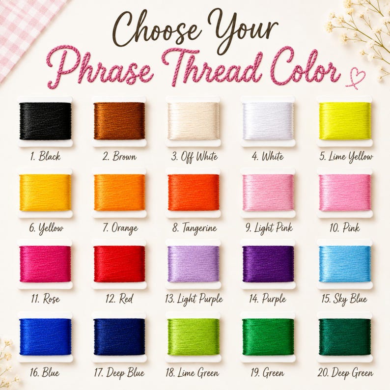 May include: A color chart titled Choose Your Phrase Thread Color displaying twenty numbered embroidery thread spools in various shades including black, brown, white, yellow, orange, pink, red, purple, blue, and green with labels for each.