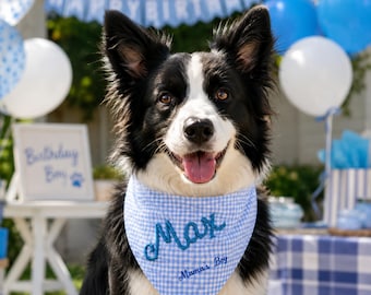 Personalized Large Dog Bandana, Custom Gingham Pet Scarf with Rope Name & Embroidered Phrase
