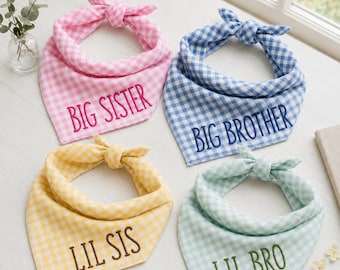 May include: Four triangular pet bandanas in gingham patterns. The pink one reads BIG SISTER, the blue one reads BIG BROTHER, the yellow one reads LIL SIS, and the light green one reads LIL BRO. Each bandana features a tied knot at the top centre.
