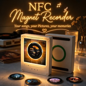 May include: A white square NFC magnet recorder with a glowing circular display showing a photo and music player interface. Text reads NFC Magnet Recorder, Your songs, your Pictures, your memories. Includes four small circular magnetic photo discs.
