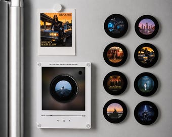 Personalized Mini Record Player, Custom Photo Music Box, 9 Vinyl Discs (Rechargeable), Fridge magnet