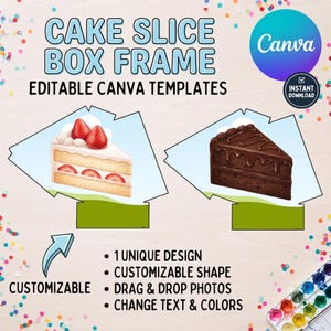 May include: Cake slice box frame editable Canva templates featuring two cake illustrations: one with strawberries and cream, and one chocolate cake. Text includes CAKE SLICE BOX FRAME, EDITABLE CANVA TEMPLATES, CUSTOMIZABLE, and 1 UNIQUE DESIGN, CUSTOMIZABLE SHAPE, DRAG & DROP PHOTOS, CHANGE TEXT & COLORS.