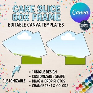 May include: Cake slice box frame editable Canva templates featuring two triangular shapes with a blue sky and green landscape graphic. Text includes CAKE SLICE BOX FRAME, EDITABLE CANVA TEMPLATES, CUSTOMIZABLE, 1 UNIQUE DESIGN, CUSTOMIZABLE SHAPE, DRAG & DROP PHOTOS, CHANGE TEXT & COLORS, and INSTANT DOWNLOAD.