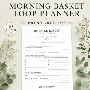 May include: A white US Letter printable PDF planner titled Morning Basket Loop Planner. The document includes sections for Season/Term, Daily Anchors, a numbered list for the Morning Basket Loop, Begin Next Time With, and Notes for Our Next Gathering.