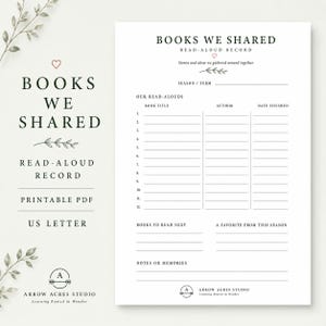May include: A printable US letter PDF document titled Books We Shared Read-Aloud Record. The white page features black text with sections for book title, author, date finished, books to read next, a favorite from this season, and notes or memories.