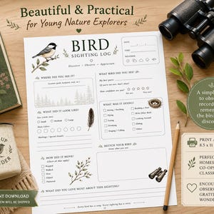 May include: A white paper bird sighting log sheet with black text and illustrations of birds, feathers, and branches. The log includes sections for date, time, weather, location, bird description, behavior, and a sketch area, measuring 8.5 by 11 inches.